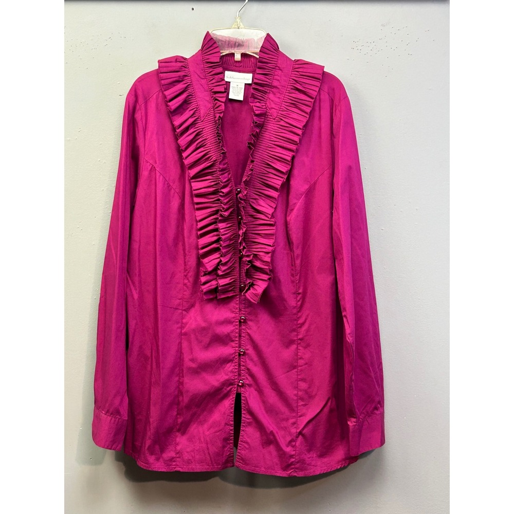 Soft Surroundings Top Womens M Pink Ruffle V-Neck Button Front‎ Long Sleeve